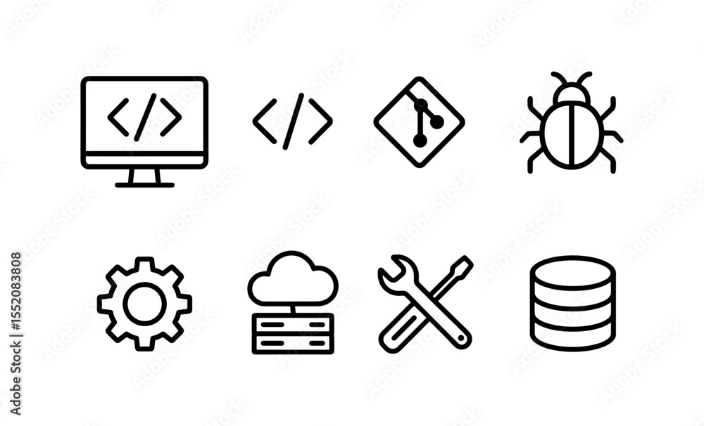 Poster technology symbols: coding, git, bug, gear, cloud, tools, database icons