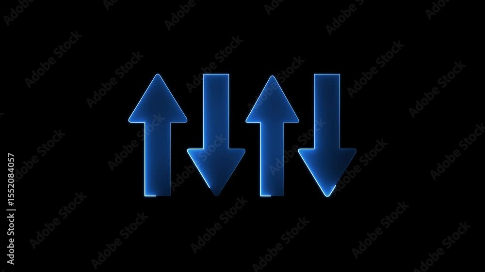 Poster abstract glowing neon line up and down arrow icon animation on black background. 4k motion graphics 