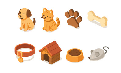 Isometric pet icons: dog, cat, paw, bone, collar, house, bowl, mouse