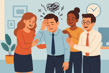 Team support for stressed colleague in workplace. Office employees comforting coworker experiencing anxiety, stress, burnout. Mental health, teamwork, empathy, work environment vector illustration.