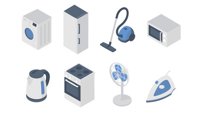 Isometric view of common household appliances in blue and gray tones