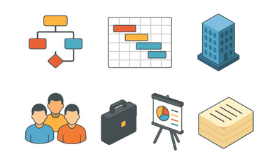 Business and project management icons: flowchart, gantt chart, office, team, briefcase, presentation, notes