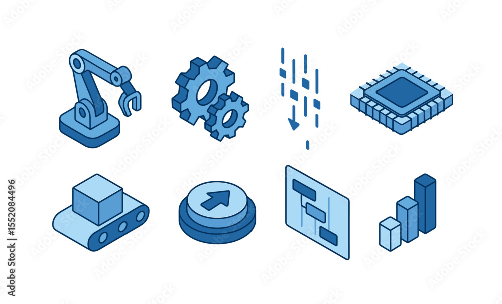 Poster automation and technology icons: robotics, gears, and circuit board
