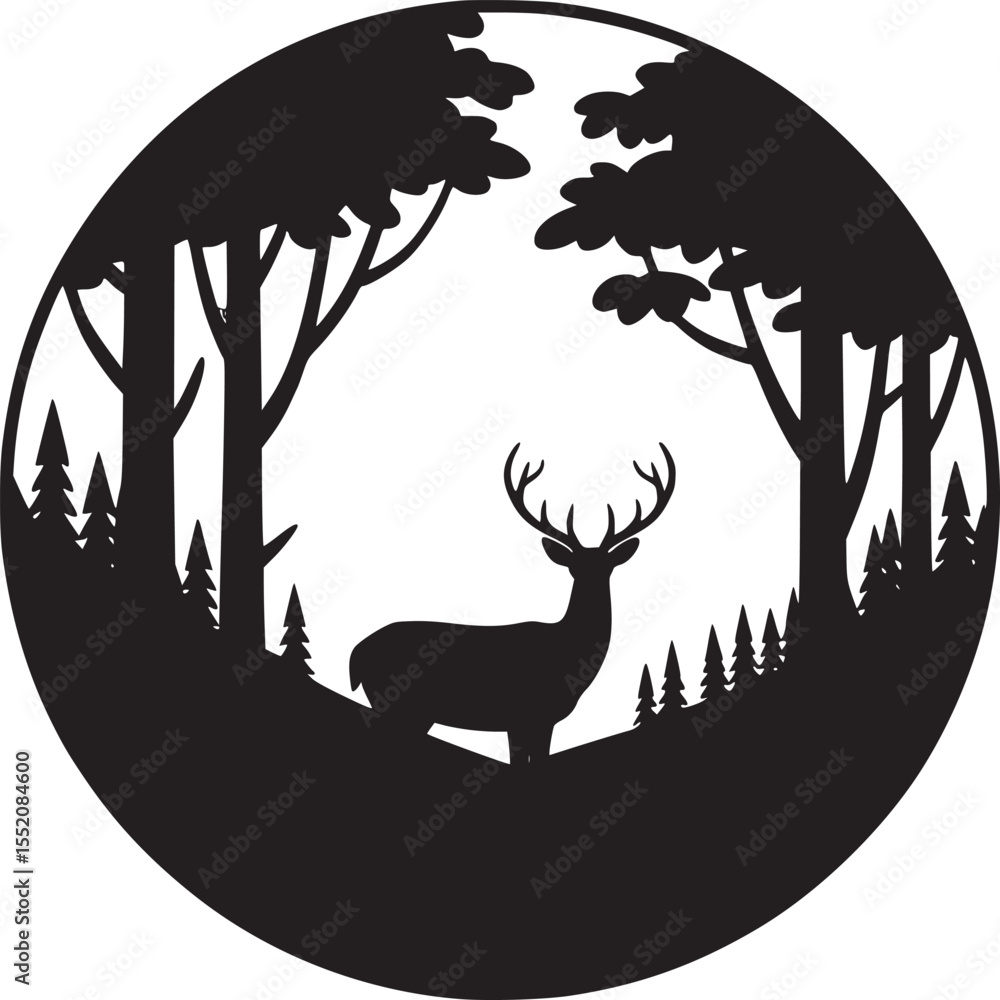 Poster silhouette of a deer in a forest landscape with trees hills and clouds in a circular frame
