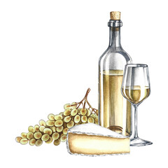 A bottle of white wine, a glass, a bunch of grapes, and cheese. Hand-drawn watercolor illustration. Isolation. Color image. For packaging and labels. For banners and posters, restaurant and bar menus.