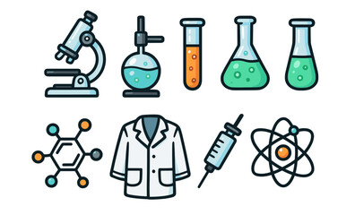 Colorful science icons: lab equipment, molecule, atom, and lab coat