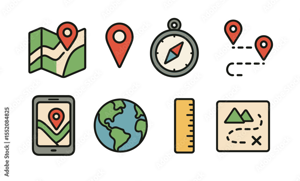 Poster vector set of map and navigation icons featuring compass, pins, globe, and ruler