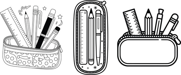 Set of Pencil Case Line Art Illustrations with School Supplies, Black and White Vector Clipart.