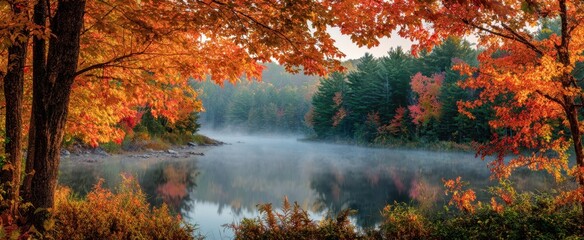 The serene lake surrounded by vibrant autumn foliage during early morning light.