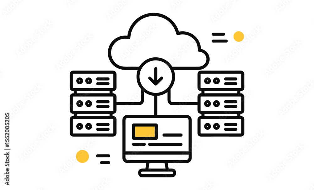 Poster cloud computing network diagram with server and download symbols