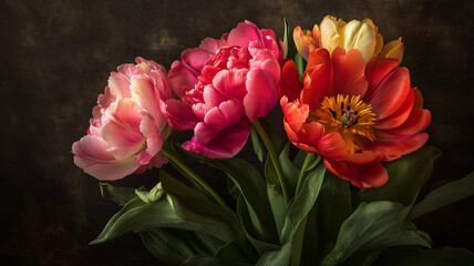 Elegant real photo, stock photography showcasing floral artwork with rich peonies, tulips, and botanical foliage, set against a dark contrasting backdrop
