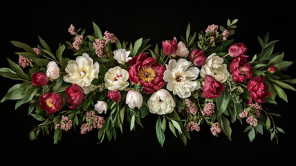 Elegant real photo, stock photography showcasing floral artwork with rich peonies, tulips, and botanical foliage, set against a dark contrasting backdrop