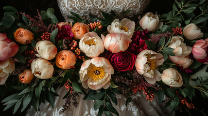 Elegant real photo, stock photography showcasing floral artwork with rich peonies, tulips, and botanical foliage, set against a dark contrasting backdrop