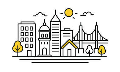 Simple line art of urban landscape with buildings, bridge, and sun