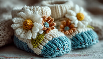 Handmade knitted baby booties with colorful floral embroidery