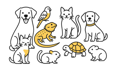 Obraz premium Illustrated pets: dog, cat, bird, reptile, and small animal collection