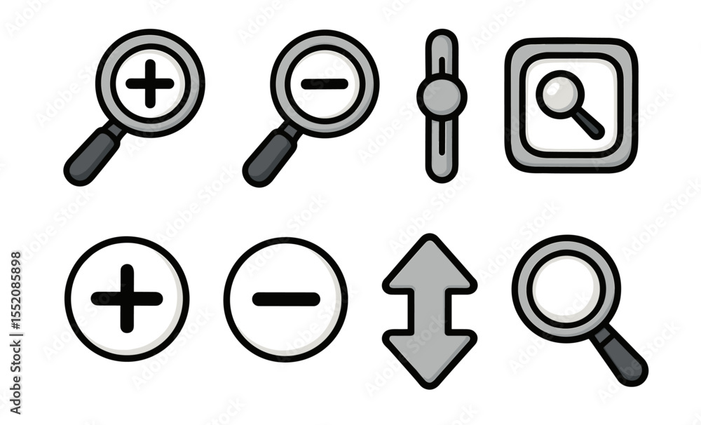 Poster magnifying glass symbols for zoom in and out with slider and arrows