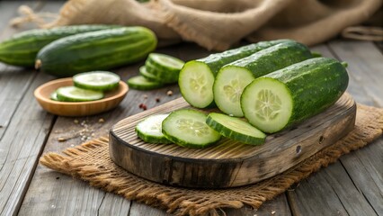 Fresh Sliced Cucumbers on a Rustic Wooden Board Healthy Food Photography