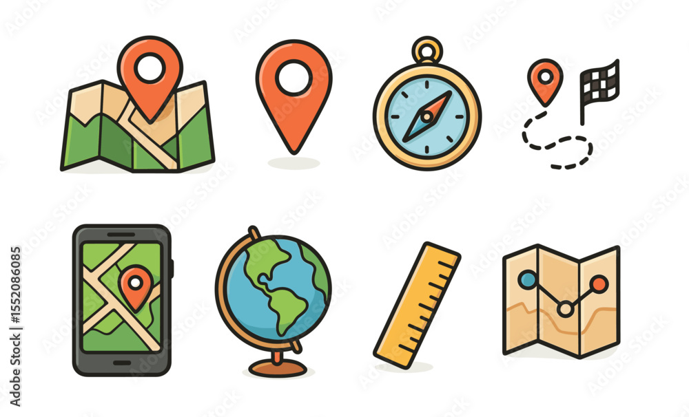 Poster colorful navigation icon set featuring maps compass globe and smartphone
