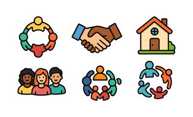Fototapeta premium Diverse community icons: unity hands, inclusive group, home symbol
