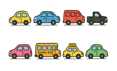 Colorful crayon-style cars and vehicles collection for kids