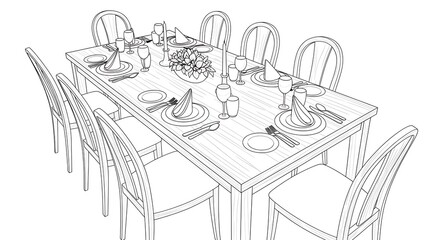 Dining Table Setting with Place Settings and Centerpiece Outline