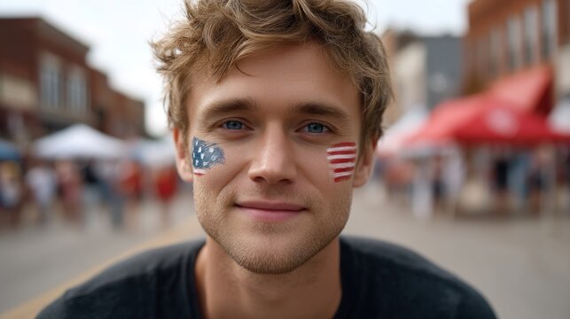 A man with a blue face paint of the American flag. He is smiling and looking at the camera