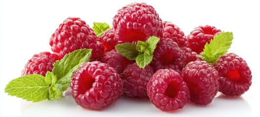 The vibrant pile of fresh raspberries with mint leaves.
