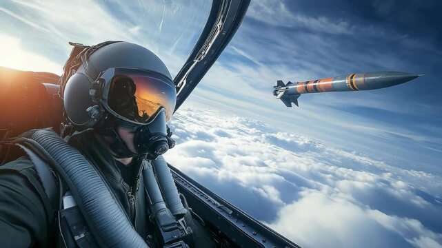  fighter pilot in the cockpit of an F-16 aircraft, hovering above the clouds, with a rocket flying from the side