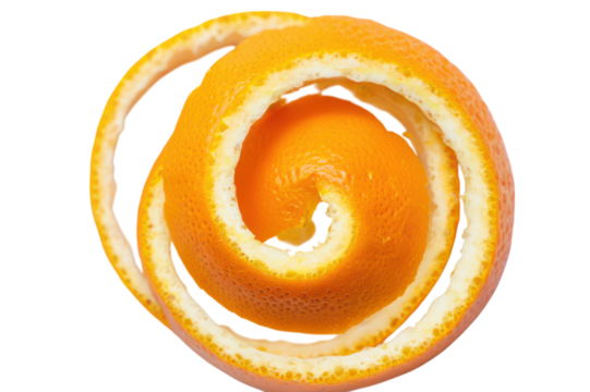 Orange fruit with spiral peel and white pith exposed citrus