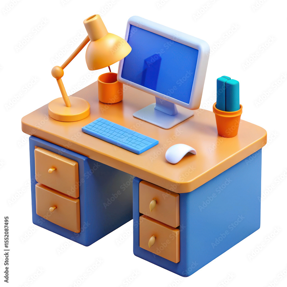 Poster 3d desk with computer lamp and plant isolated on transparent background