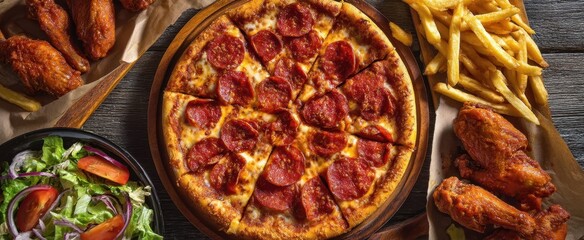The tempting pepperoni pizza surrounded by wings and fries on a rustic table.