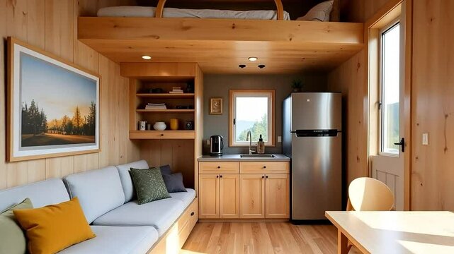 Cozy tiny house interior with loft bed, sofa, kitchen, table, and natural light from large windows
