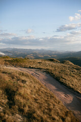 Curved path with dry and cracked soil, crater.