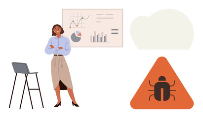 Businesswoman stands by chart display analyzing graphs, surrounded by a cybersecurity bug warning. Ideal for data analysis, business strategy, cybersecurity, training, education, technology safety