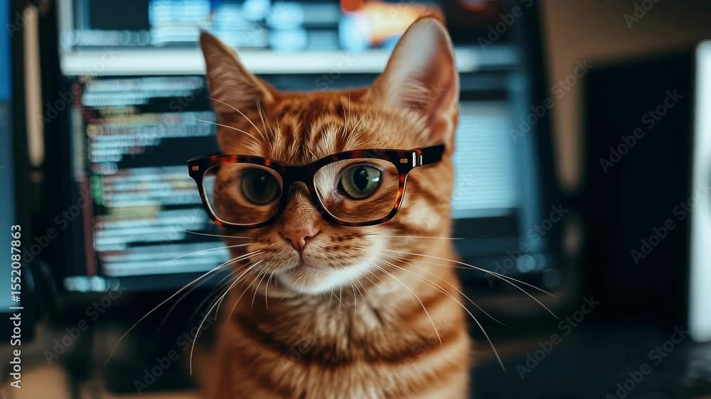 Poster funny cat wearing glasses coding at computer