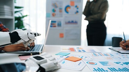 A dynamic workspace showcasing the collaboration between a human and a robot, analyzing business...