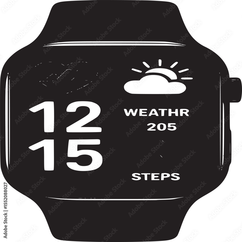 Poster close up view of a black smart watch displaying time weather and health information on screen