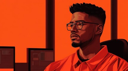 Stylish Man with Glasses in Orange Hues, Contemplative Expression, Modern Portrait.