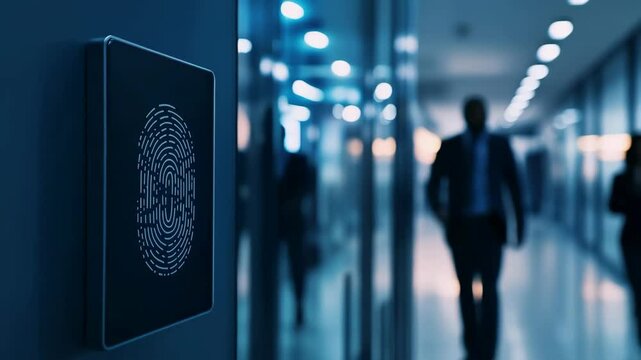Access control system with fingerprint scanner on the wall near the entrance to the office