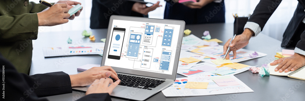 Poster analyst team use sticky note for creative and analytic brainstorm for business idea with bi data das