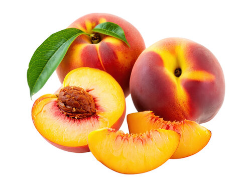 Ripe peaches with one cut in half showing pit and slices fruit juicy - Powered by Adobe