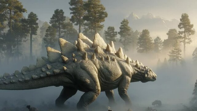  Majestic Stegosaurus Roaming in Misty Forest, Prehistoric Era Wildlife Scenery