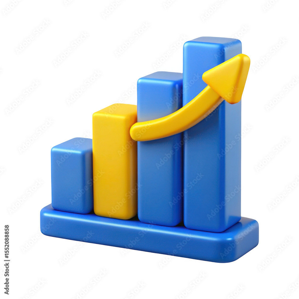 Poster 3d bar chart with upward arrow isolated on transparent background
