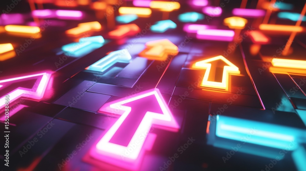 Poster dynamic neon arrow patterns digital art gallery geometric design futuristic environment aerial view 