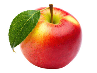 Ripe Red Apple with Green Leaf and Stem on White fruit healthy