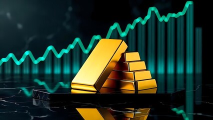 Golden Bars Stacked in Pyramid Shape with Upward Trending Financial Graph