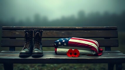 Military Boots and Folded American Flag with Poppies on a Park Bench