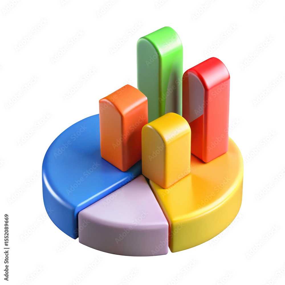 Fototapete 3d pie chart with bar graph elements isolated on transparent background