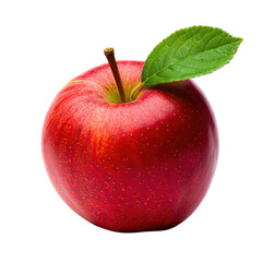 Single red apple with a green leaf, fresh and ripe, isolated on a transparent background, a delicious and healthy fruit